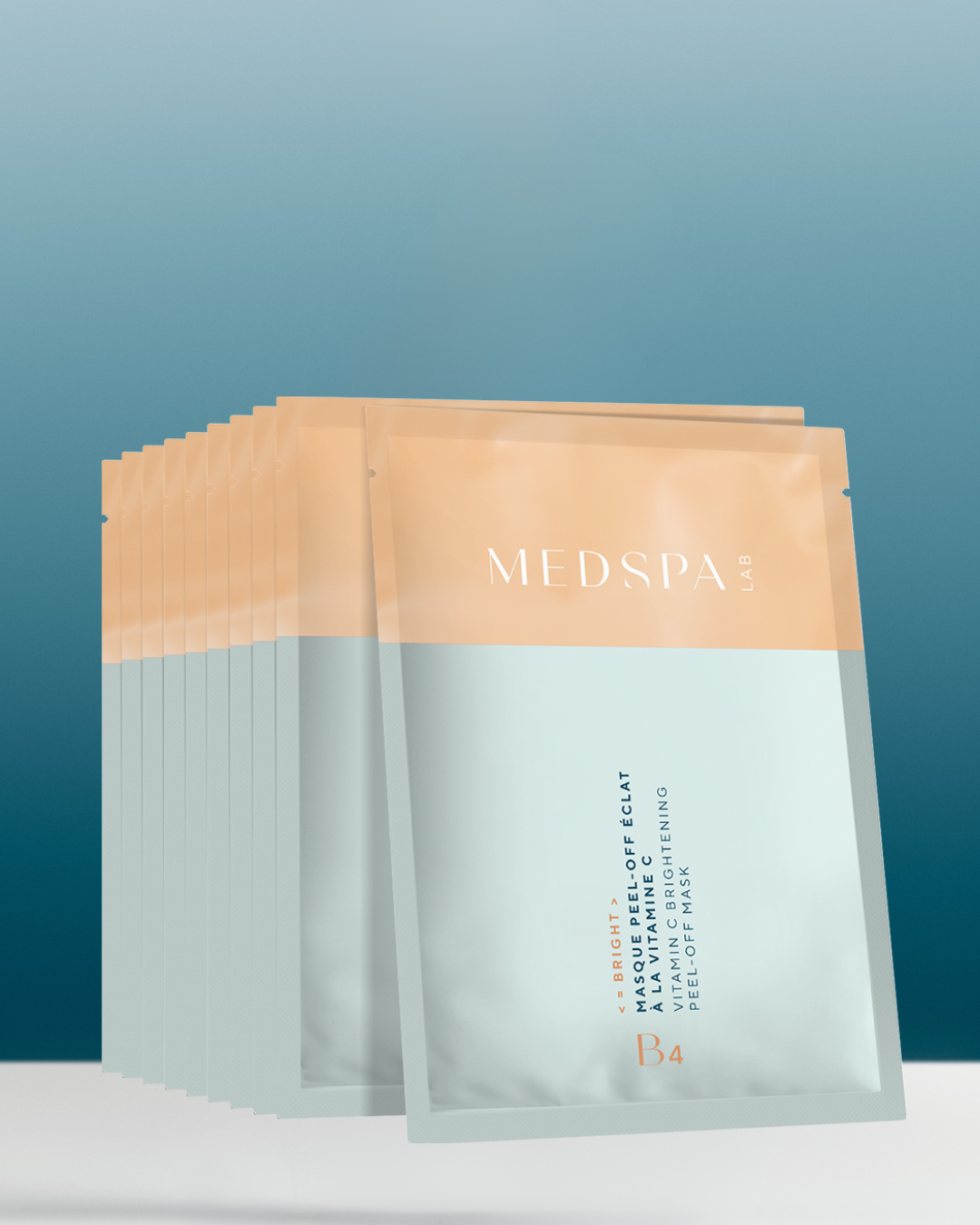Masque peel-off éclat à la vitamine C MEDSPA LABORATOIRES B4 en sachets, format multi-doses, soin visage illuminateur pour peaux ternes et sensibles.