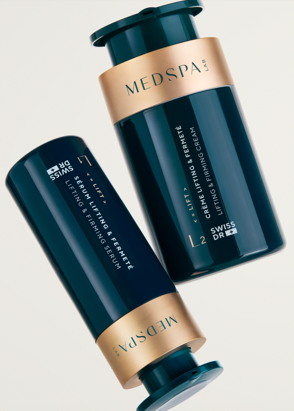 Sérum L1 et crème visage lifting L2 MEDSPA LABORATOIRES, routine raffermissante pour lisser les rides et améliorer l’élasticité de la peau.