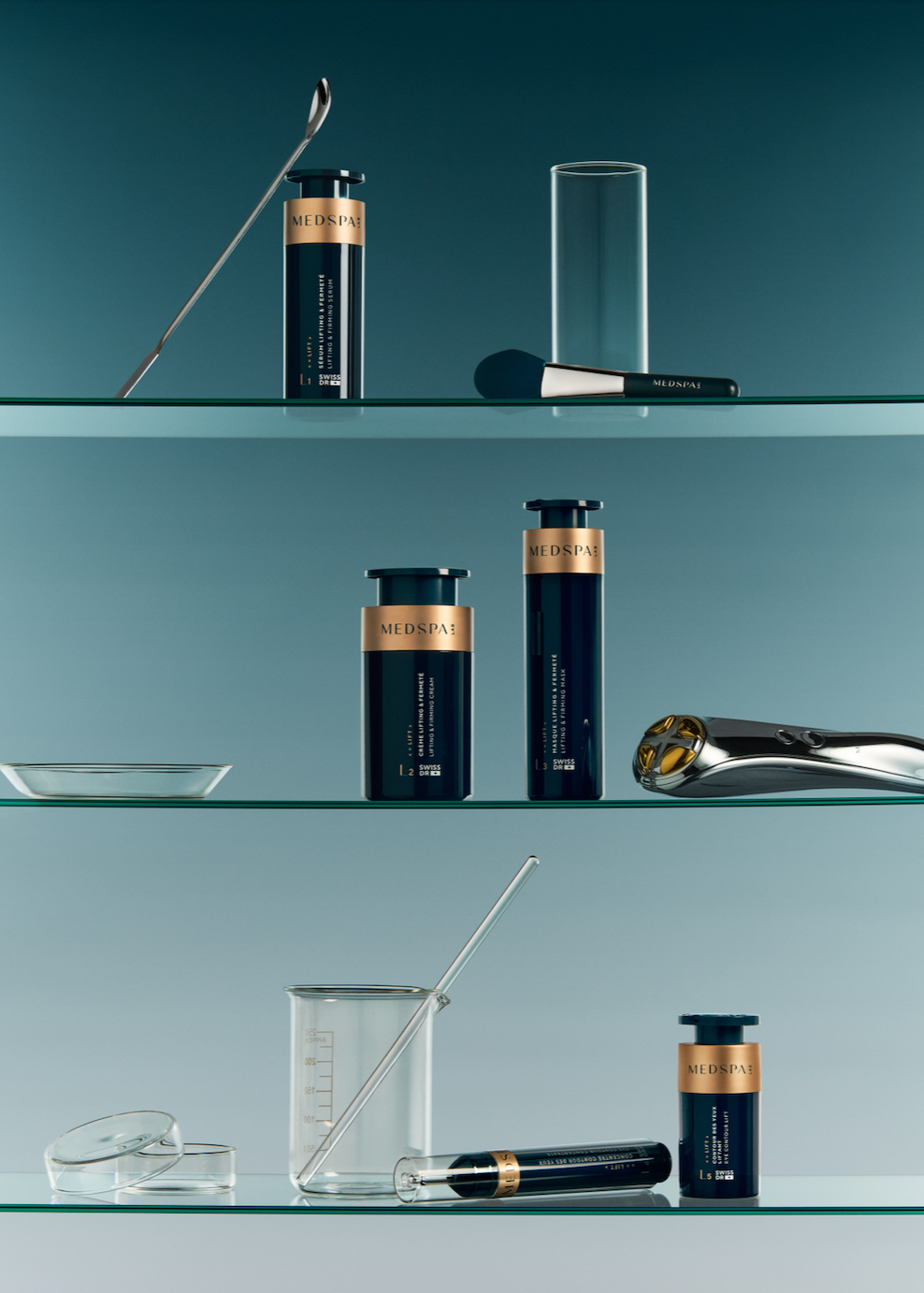 Gamme de soins visage MEDSPA LABORATOIRES, sérum, crème et dispositifs pour hydrater, raffermir la peau et améliorer l’éclat du teint.