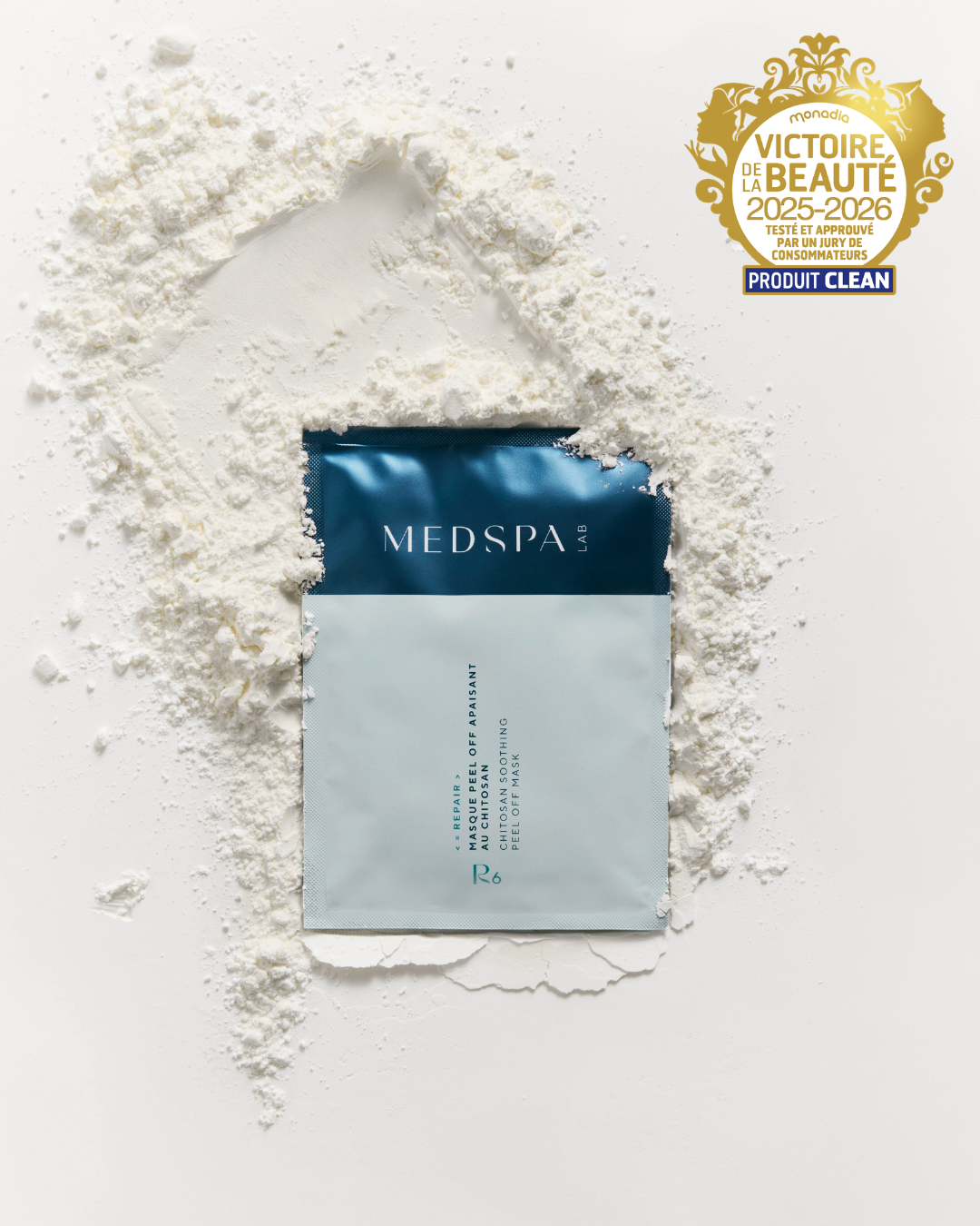 Masque peel-off apaisant au chitosan MEDSPA LABORATOIRES R6 en sachet, texture poudre, soin dermocosmétique pour peaux sensibles aidant à apaiser la peau et renforcer la barrière cutanée.