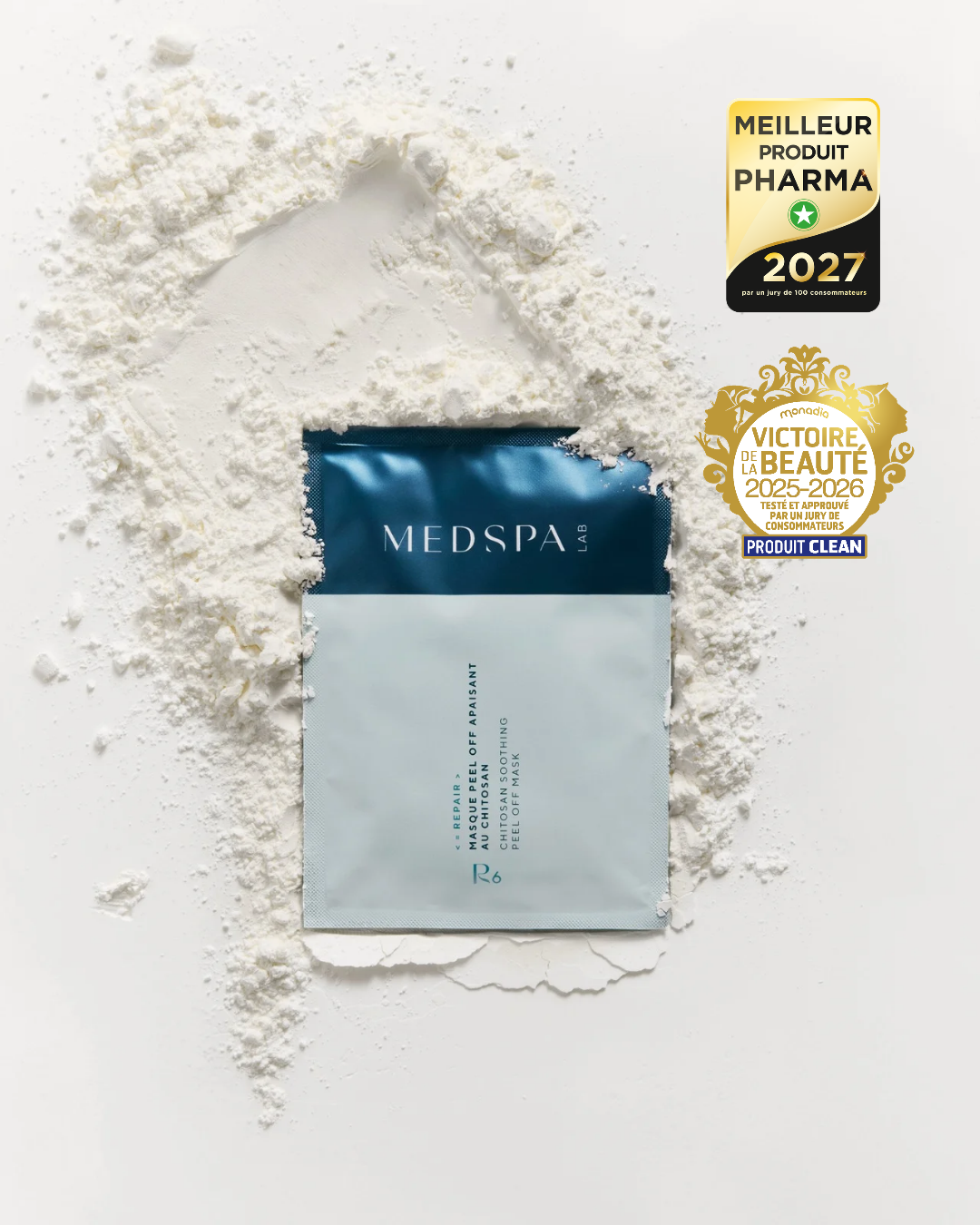 R6 Masque Peel-off Apaisant au Chitosan de Medspa Laboratoires, distingué Meilleur Produit Pharma 2027 et aux Victoires de la Beauté 2025-2026.