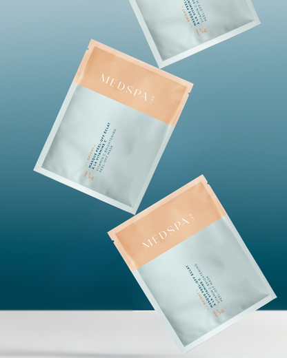 Masque peel-off éclat à la vitamine C MEDSPA LABORATOIRES B4 en sachet, texture poudre à reconstituer, soin dermocosmétique illuminateur pour le visage, idéal peaux ternes et sensibles, améliore l’éclat du teint et renforce la barrière cutanée.