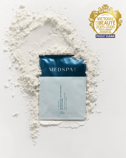 Masque peel-off apaisant au chitosan MEDSPA LABORATOIRES R6 en sachet, texture poudre, soin dermocosmétique pour peaux sensibles aidant à apaiser la peau et renforcer la barrière cutanée.